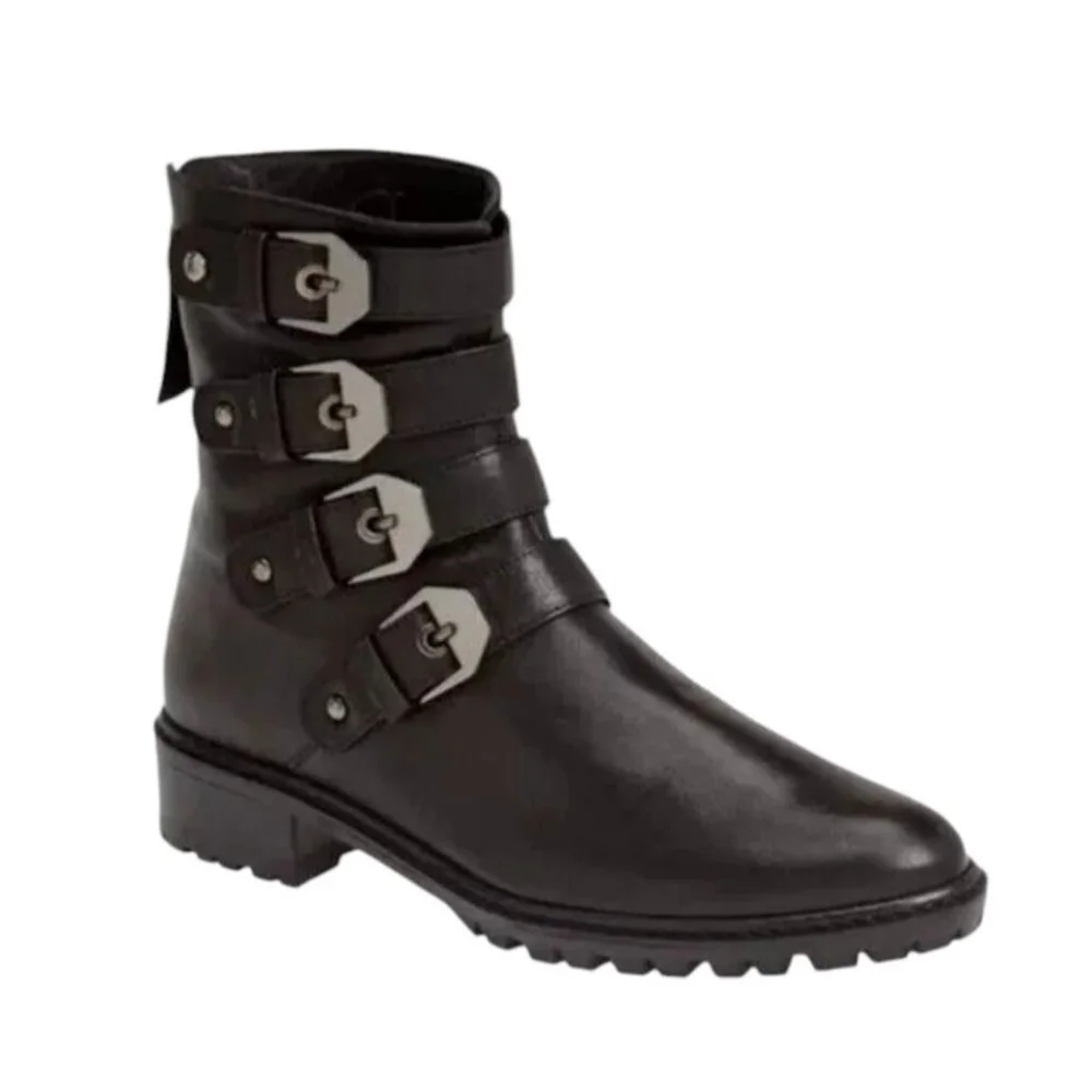 Stuart Weitzman Jitterbug Boot Leather Moto Four Buckle Black Round Toe Ankl 8